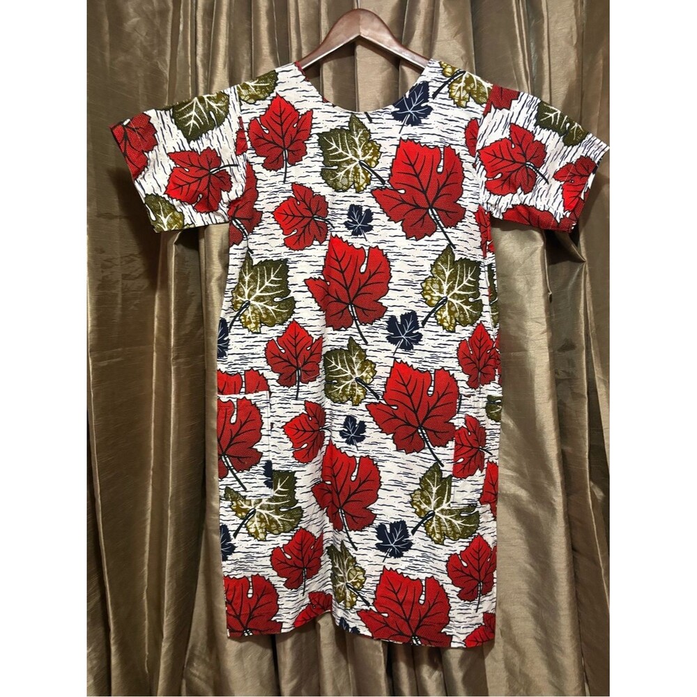 Handmade THICK White Dress with Red & Olive Leaf Print 21 bust 23 hip 31↕️ #1833
